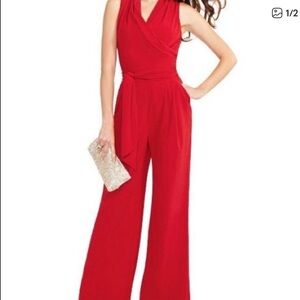 Gianni Bini Red Sleeveless Wide-Leg Jumpsuit with Waist Tie